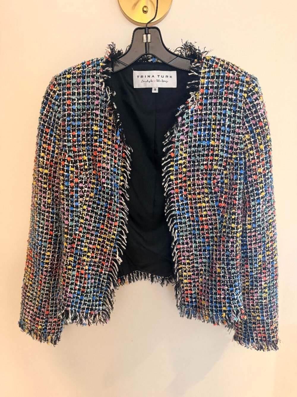 Trina Turk Tweed Pattern Evening Jacket | Multicolor Fringe | Size 8